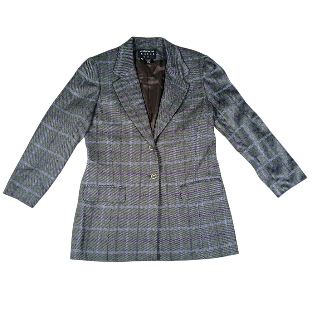 Liz Claiborne Collection Petite 12 Woolmark Plaid Blazer USA Purple Gray Wool